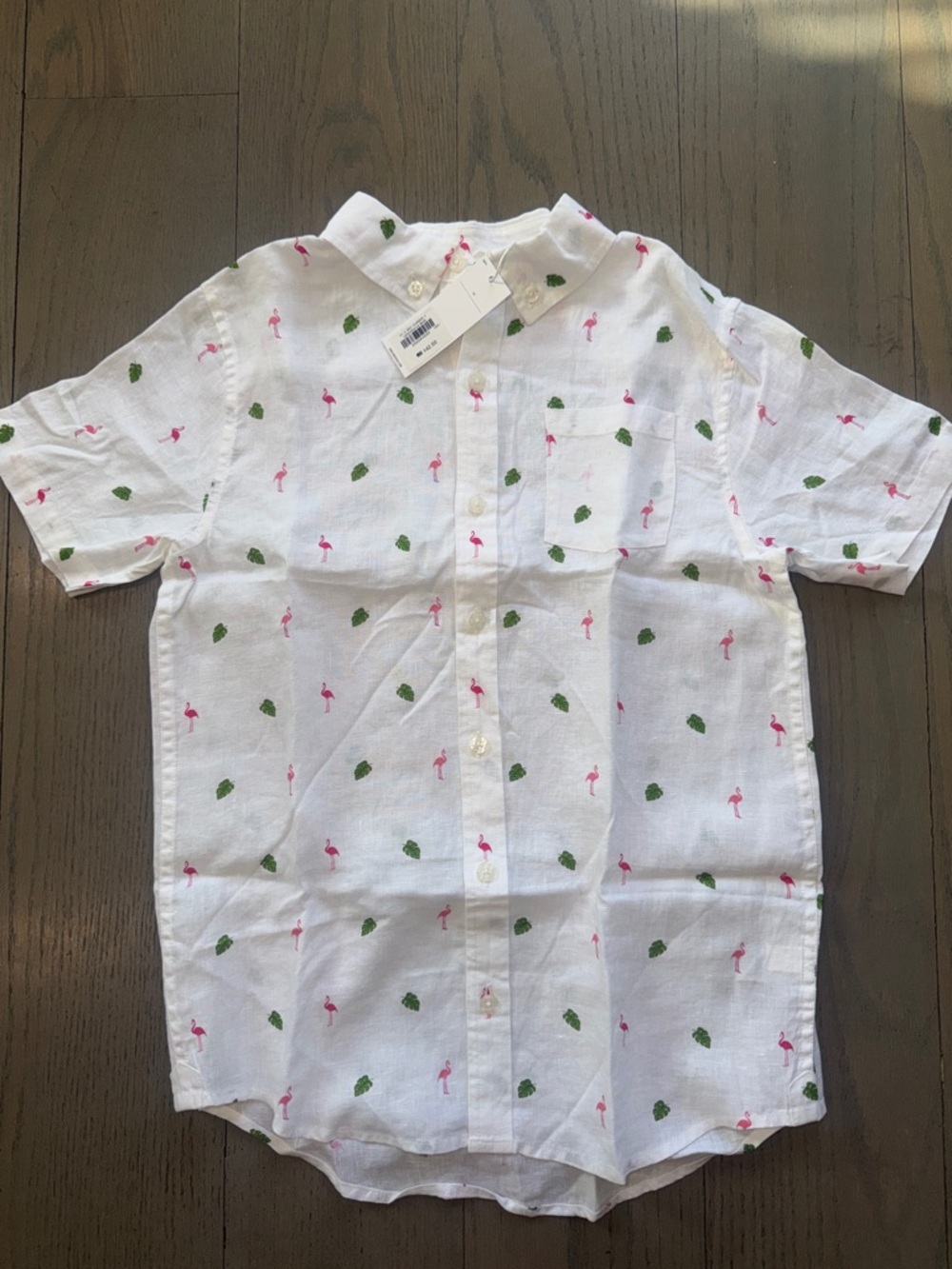 White Short-Sleeve Linen Shirt with Pink Flamingo Print